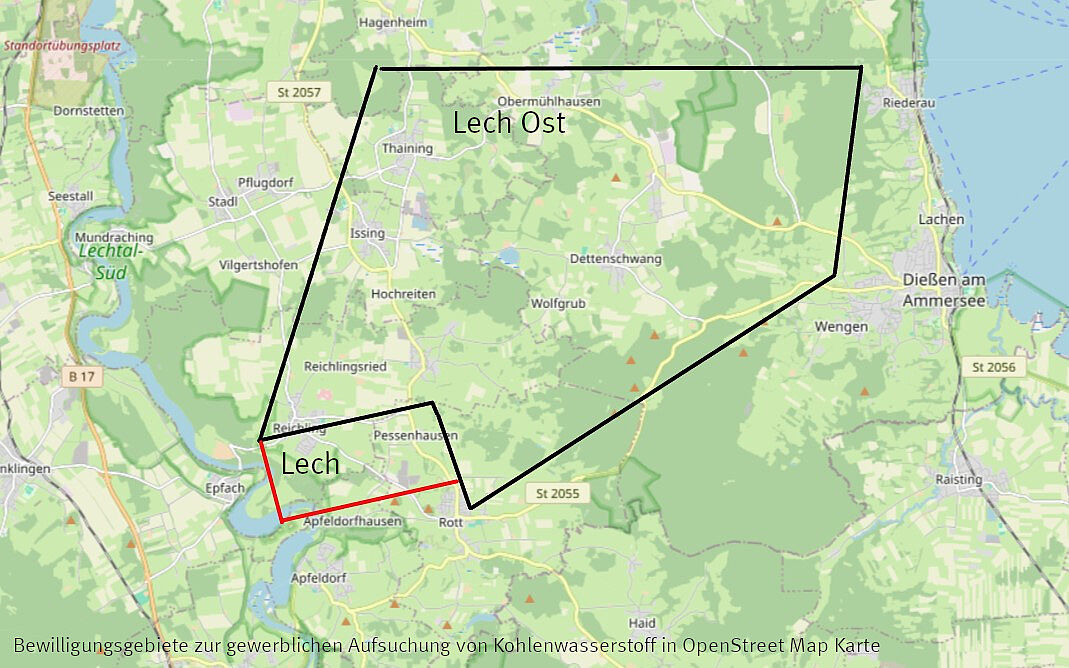 Erlaubnisgebiete "Lech" und "Lech-Ost" für gewerbliche Kohlenwassertstoffsuche nach Berechtsamskarte grob skizziert. Grundkarte: OpenStreet-Map